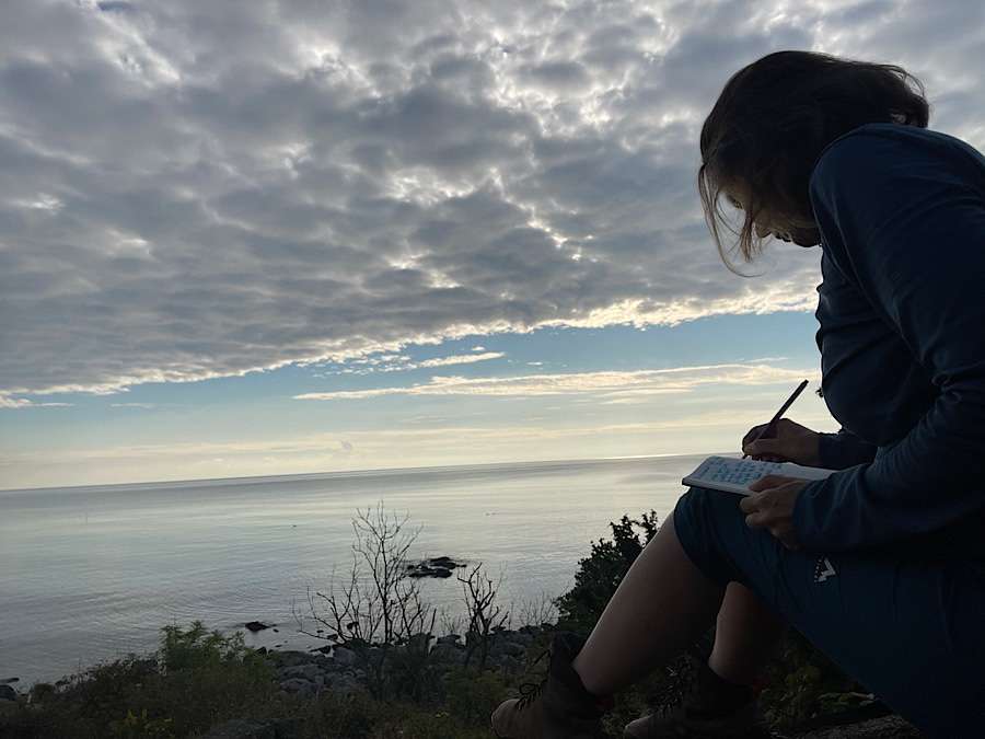 Woman sitting and writing in her notebook by the ocean